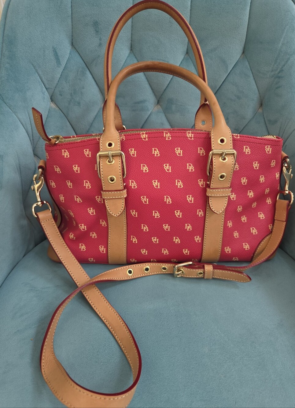 Dooney & Bourke Red Canvas Satchel with Tan Leather Trim